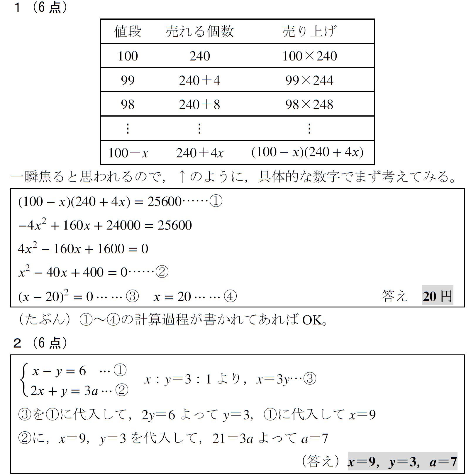 2012　栃木県　高校入試　数学　過去問　解答　解説　方程式　二次方程式　文章題