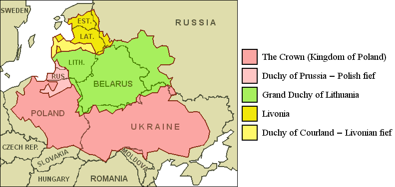 リトアニア大公国（緑）とポーランド王国（赤）の領域（1619年）ポーランドとの合同により、現在のウクライナにあたる地域がポーランドの領土となっている。