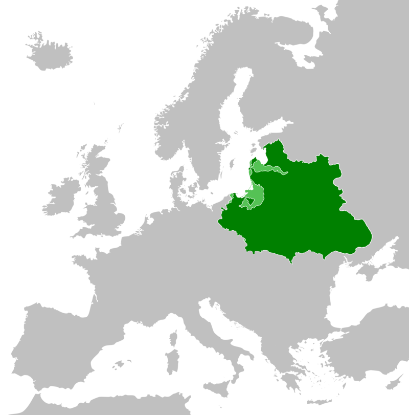 1619年、ポーランド・リトアニア共和国の最大版図（緑）