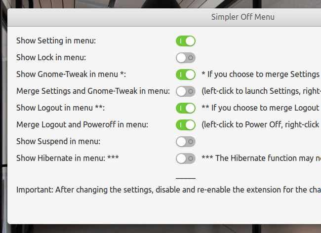 Simpler Off Menu GNOME Shell 拡張機能 オプション